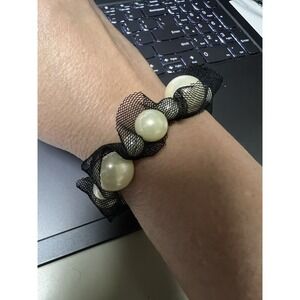 Faux Pearl Black Mesh Ruffle Statement Stretch Bracelet Gothic‎ Avant Garde